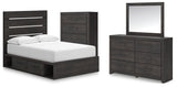 Hollivern Full Panel Bed with Storage with Mirrored Dresser and Chest in Dark Gray from Ashley - Luna Furniture