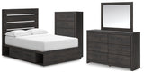 Hollivern Full Panel Bed with Storage with Mirrored Dresser and Chest in Dark Gray from Ashley - Luna Furniture