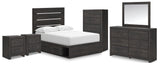 Hollivern Full Panel Bed with Storage with Mirrored Dresser, Chest and 2 Nightstands in Dark Gray from Ashley - Luna Furniture