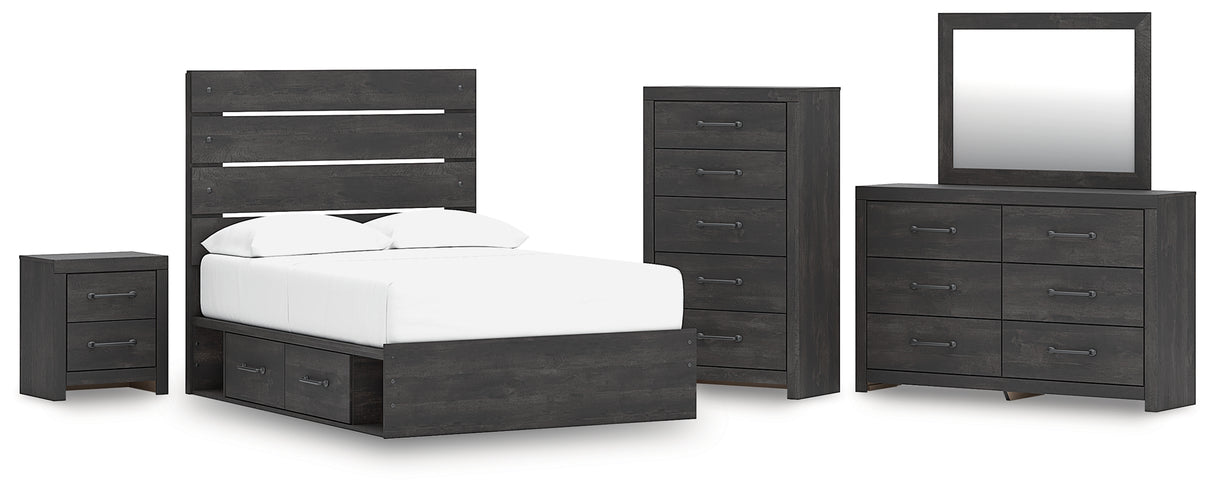 Hollivern Full Panel Bed with Storage with Mirrored Dresser, Chest and Nightstand in Dark Gray from Ashley - Luna Furniture