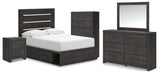 Hollivern Full Panel Bed with Storage with Mirrored Dresser, Chest and Nightstand in Dark Gray from Ashley - Luna Furniture