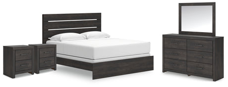 Hollivern King Panel Bed with Mirrored Dresser and 2 Nightstands in Dark Gray from Ashley - Luna Furniture
