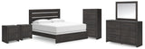 Hollivern King Panel Bed with Mirrored Dresser, Chest and 2 Nightstands in Dark Gray from Ashley - Luna Furniture