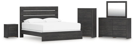 Hollivern King Panel Bed with Mirrored Dresser, Chest and Nightstand in Dark Gray from Ashley - Luna Furniture