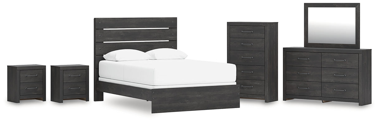 Hollivern Queen Panel Bed with Mirrored Dresser, Chest and 2 Nightstands in Dark Gray from Ashley - Luna Furniture