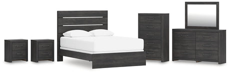 Hollivern Queen Panel Bed with Mirrored Dresser, Chest and 2 Nightstands in Dark Gray from Ashley - Luna Furniture