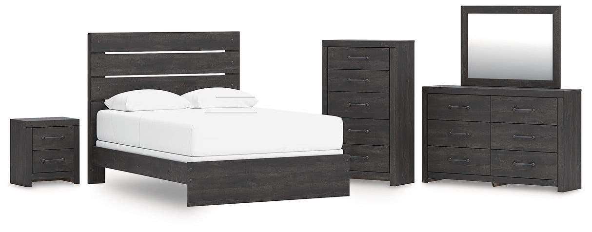 Hollivern Queen Panel Bed with Mirrored Dresser, Chest and Nightstand in Dark Gray from Ashley - Luna Furniture