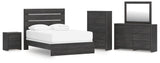 Hollivern Queen Panel Bed with Mirrored Dresser, Chest and Nightstand in Dark Gray from Ashley - Luna Furniture