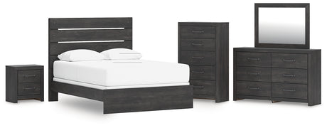Hollivern Queen Panel Bed with Mirrored Dresser, Chest and Nightstand in Dark Gray from Ashley - Luna Furniture