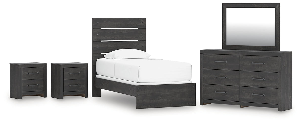 Hollivern Twin Panel Bed with Mirrored Dresser and 2 Nightstands in Dark Gray from Ashley - Luna Furniture