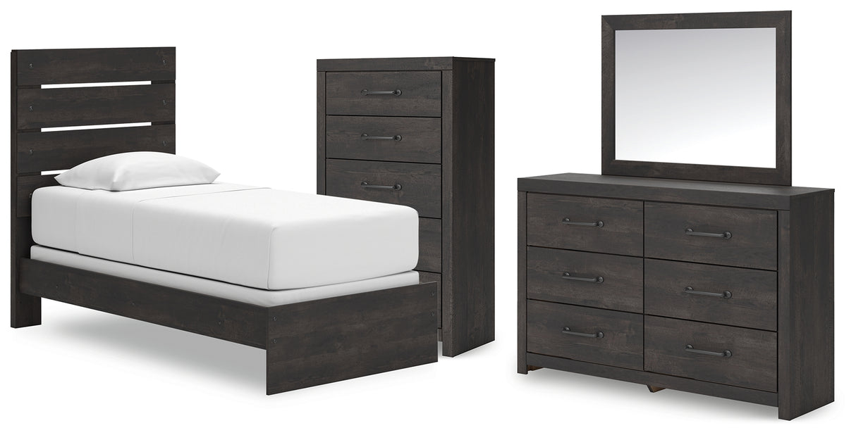 Hollivern Twin Panel Bed with Mirrored Dresser and Chest in Dark Gray from Ashley - Luna Furniture