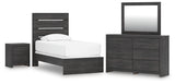 Hollivern Twin Panel Bed with Mirrored Dresser and Nightstand in Dark Gray from Ashley - Luna Furniture
