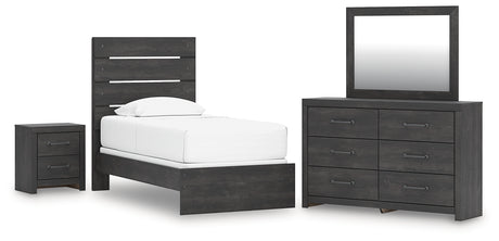 Hollivern Twin Panel Bed with Mirrored Dresser and Nightstand in Dark Gray from Ashley - Luna Furniture