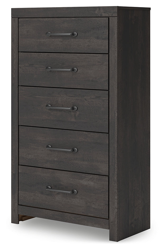 Hollivern Twin Panel Bed with Mirrored Dresser, Chest and 2 Nightstands in Dark Gray from Ashley - Luna Furniture