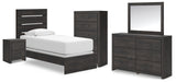 Hollivern Twin Panel Bed with Mirrored Dresser, Chest and Nightstand in Dark Gray from Ashley - Luna Furniture