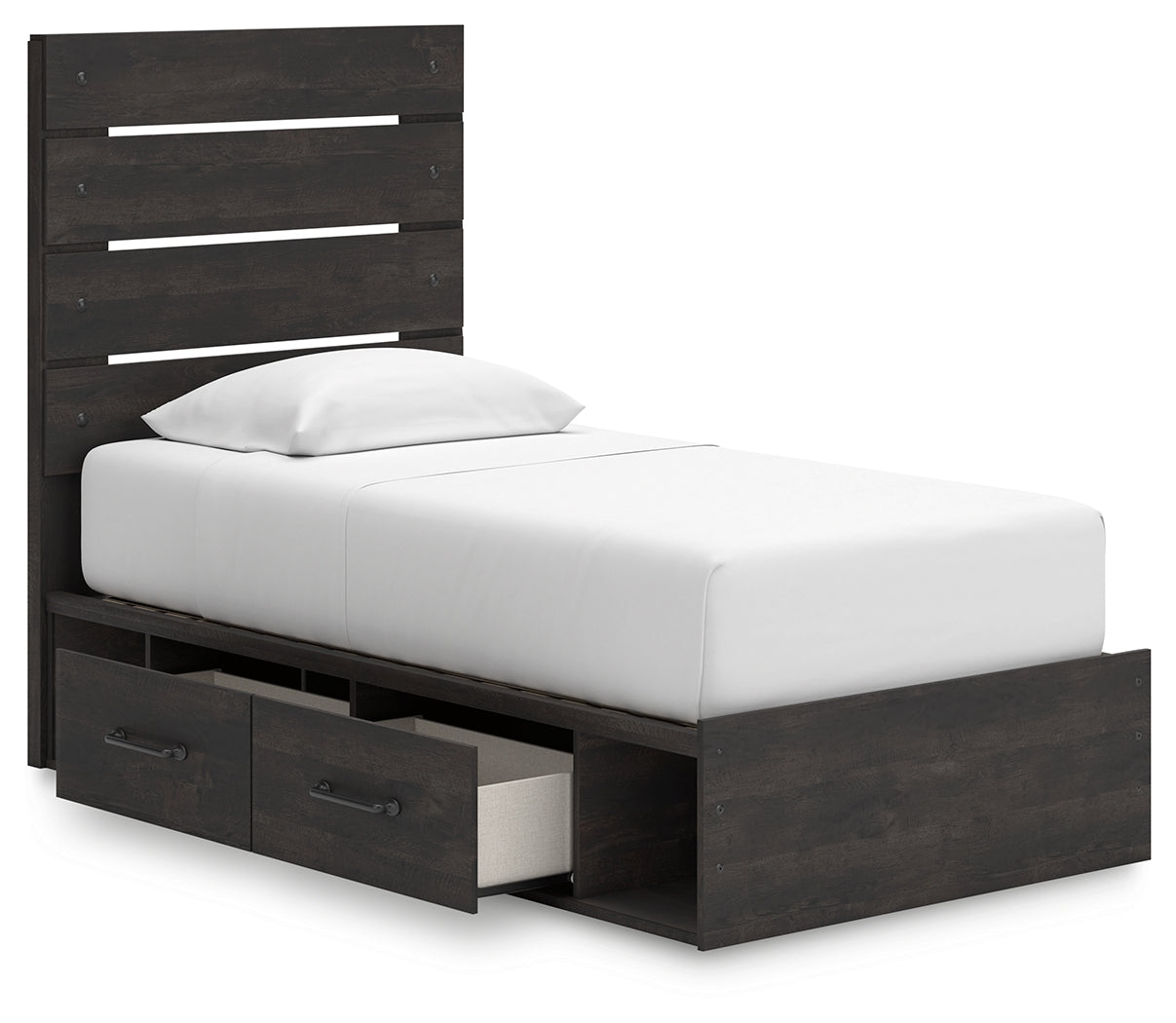Hollivern Twin Panel Bed with Storage with Mirrored Dresser and 2 Nightstands in Dark Gray from Ashley - Luna Furniture