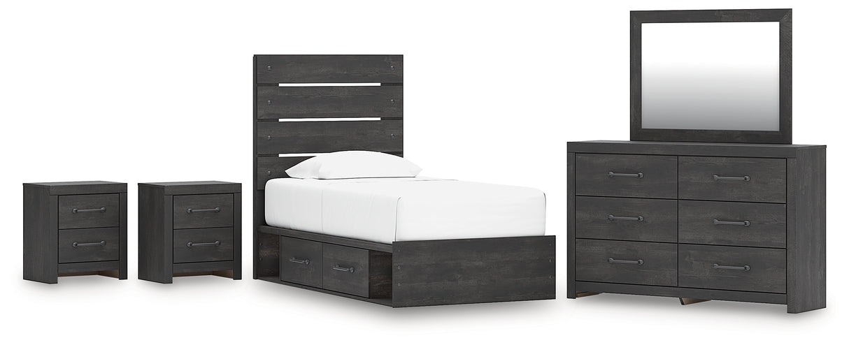 Hollivern Twin Panel Bed with Storage with Mirrored Dresser and 2 Nightstands in Dark Gray from Ashley - Luna Furniture