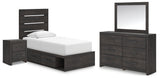 Hollivern Twin Panel Bed with Storage with Mirrored Dresser and Nightstand in Dark Gray from Ashley - Luna Furniture