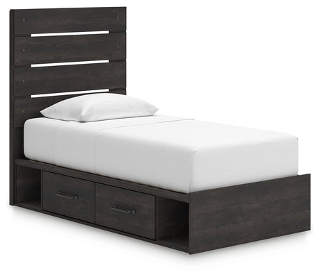 Hollivern Twin Panel Bed with Storage with Mirrored Dresser, Chest and 2 Nightstands in Dark Gray from Ashley - Luna Furniture