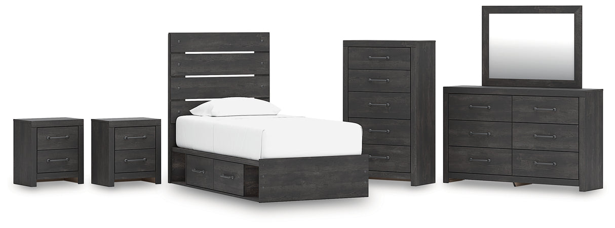 Hollivern Twin Panel Bed with Storage with Mirrored Dresser, Chest and 2 Nightstands in Dark Gray from Ashley - Luna Furniture