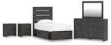 Hollivern Twin Panel Storage Bed with Mirrored Dresser and 2 Nightstands in Dark Gray from Ashley - Luna Furniture
