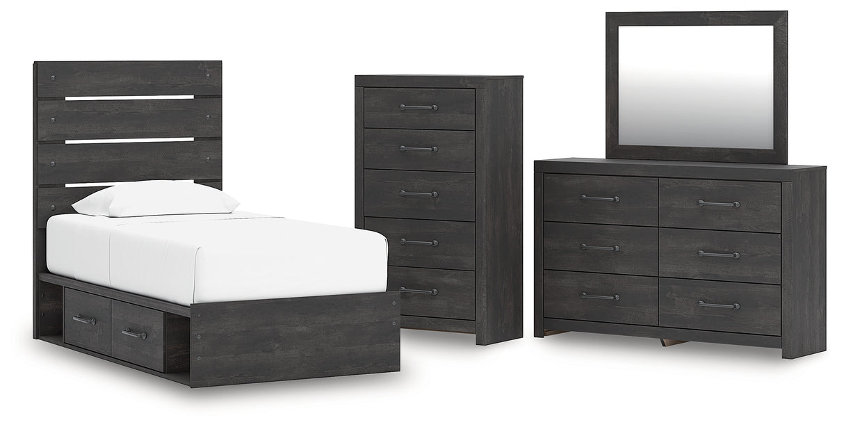 Hollivern Twin Panel Storage Bed with Mirrored Dresser and Chest in Dark Gray from Ashley - Luna Furniture