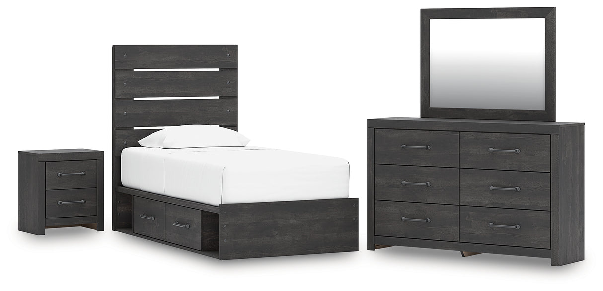 Hollivern Twin Panel Storage Bed with Mirrored Dresser and Nightstand in Dark Gray from Ashley - Luna Furniture