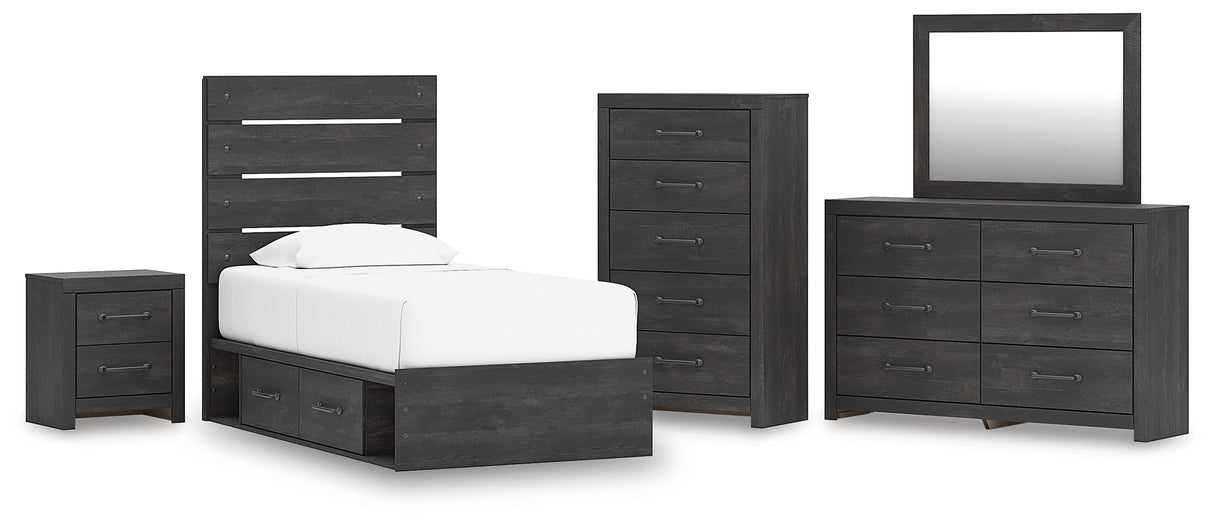 Hollivern Twin Panel Storage Bed with Mirrored Dresser, Chest and Nightstand in Dark Gray from Ashley - Luna Furniture