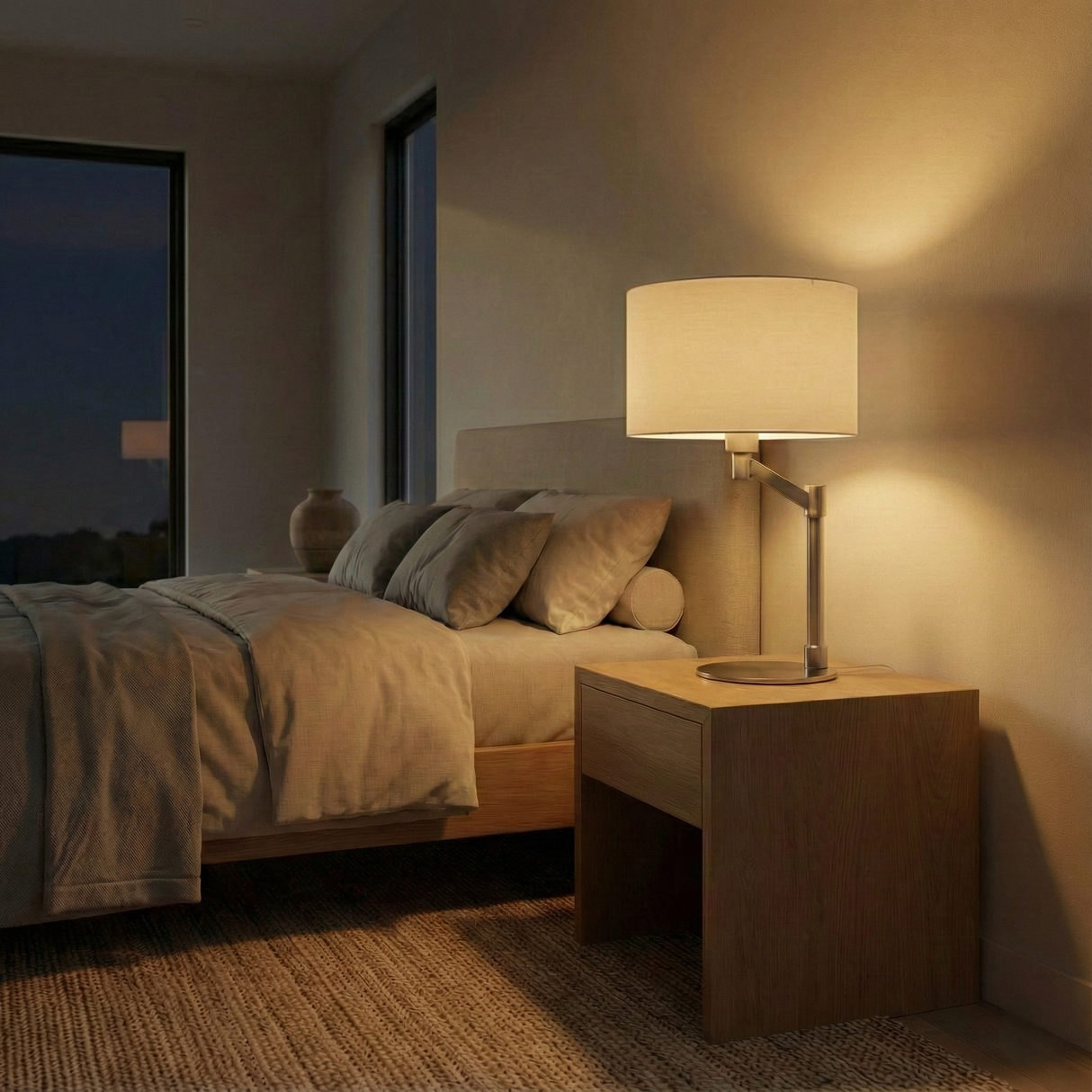 Horizon Brushed Nickel Table Lamp with On/Off Switch Curved Metal Base Linen Shade from Ashcroft Furniture - Luna Furniture