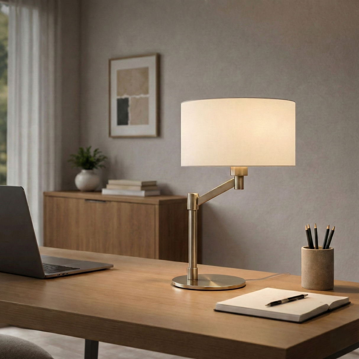 Horizon Brushed Nickel Table Lamp with On/Off Switch Curved Metal Base Linen Shade from Ashcroft Furniture - Luna Furniture