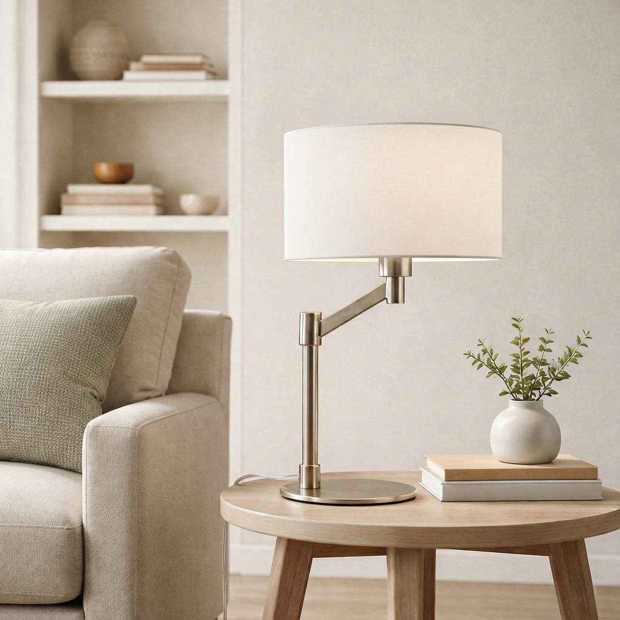Horizon Brushed Nickel Table Lamp with On/Off Switch Curved Metal Base Linen Shade from Ashcroft Furniture - Luna Furniture