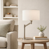 Horizon Brushed Nickel Table Lamp with On/Off Switch Curved Metal Base Linen Shade from Ashcroft Furniture - Luna Furniture