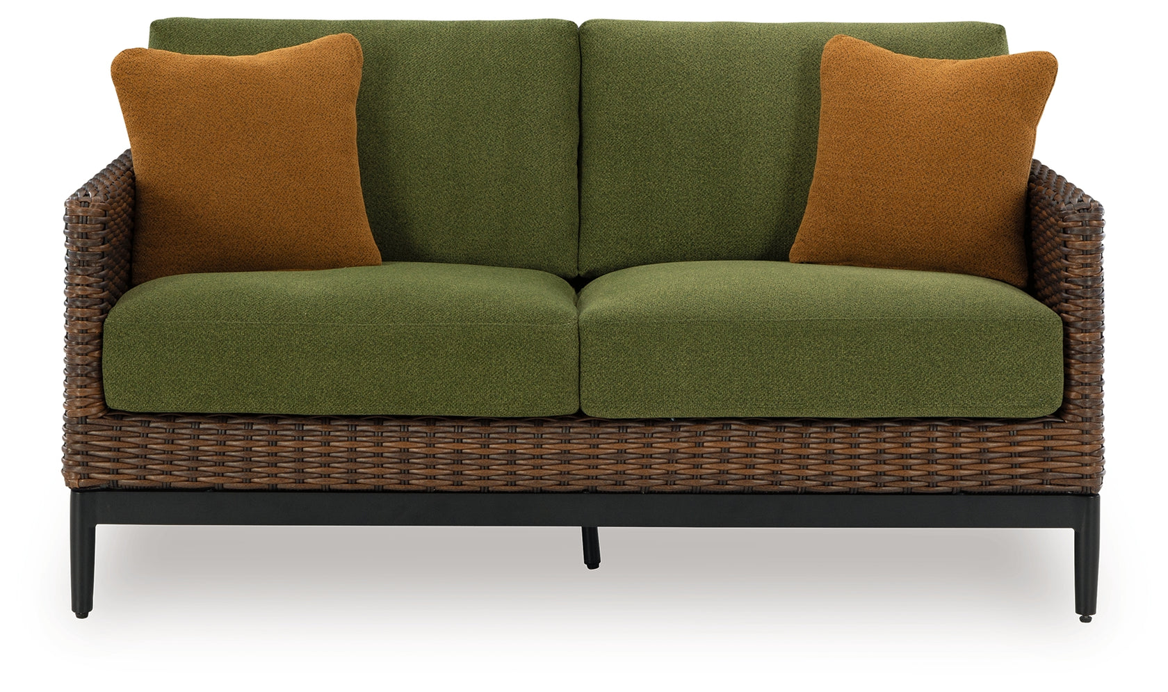 Horizon Hall Brown/Green Outdoor Loveseat with Cushion from Ashley - Luna Furniture