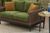 Horizon Hall Brown/Green Outdoor Loveseat with Cushion from Ashley - Luna Furniture