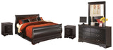 Huey Vineyard Queen Sleigh Bed with Mirrored Dresser and 2 Nightstands in Black from Ashley - Luna Furniture