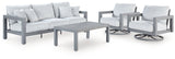 Hurley Park Outdoor Sofa and 2 Chairs with Coffee Table in Gray from Ashley Furniture - Luna Furniture