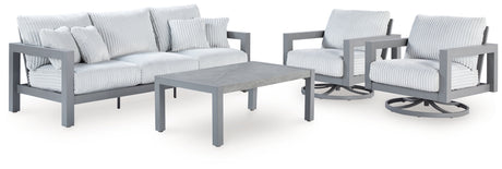 Hurley Park Outdoor Sofa and 2 Chairs with Coffee Table in Gray from Ashley Furniture - Luna Furniture