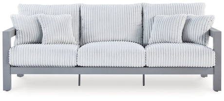 Hurley Park Outdoor Sofa and Loveseat with Coffee Table and 2 End Tables in Gray from Ashley Furniture - Luna Furniture