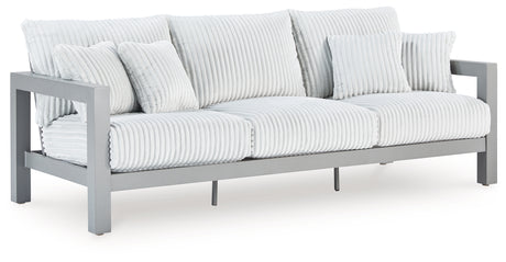 Hurley Park Outdoor Sofa and Loveseat with Coffee Table and 2 End Tables in Gray from Ashley Furniture - Luna Furniture