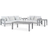 Hurley Park Outdoor Sofa and Loveseat with Coffee Table and 2 End Tables in Gray from Ashley Furniture - Luna Furniture