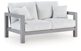 Hurley Park Outdoor Sofa and Loveseat with Coffee Table and 2 End Tables in Gray from Ashley Furniture - Luna Furniture