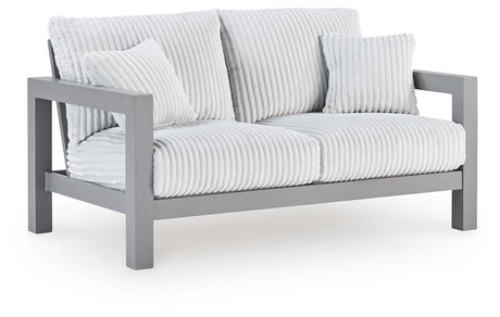 Hurley Park Outdoor Sofa and Loveseat with Coffee Table and 2 End Tables in Gray from Ashley Furniture - Luna Furniture