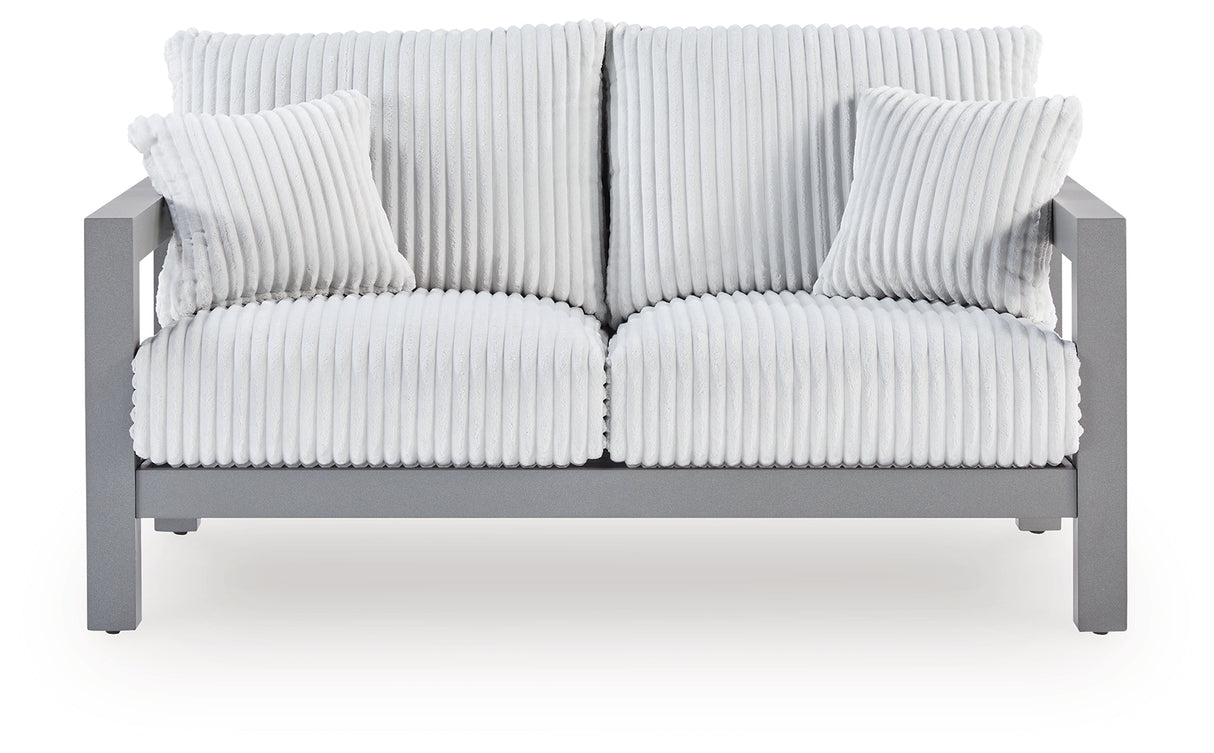 Hurley Park Outdoor Sofa and Loveseat with Coffee Table in Gray from Ashley Furniture - Luna Furniture