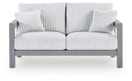 Hurley Park Outdoor Sofa and Loveseat with Coffee Table in Gray from Ashley Furniture - Luna Furniture