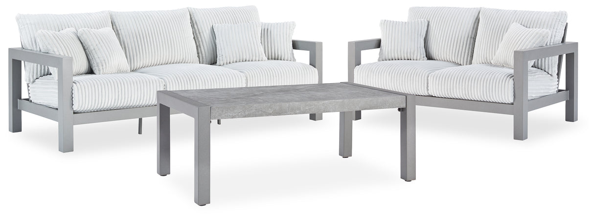 Hurley Park Outdoor Sofa and Loveseat with Coffee Table in Gray from Ashley Furniture - Luna Furniture