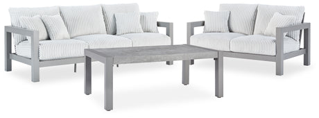Hurley Park Outdoor Sofa and Loveseat with Coffee Table in Gray from Ashley Furniture - Luna Furniture