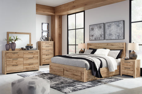 Hyanna Queen Panel Storage Bed with Mirrored Dresser and 2 Nightstands in Tan Brown from Ashley Furniture - Luna Furniture