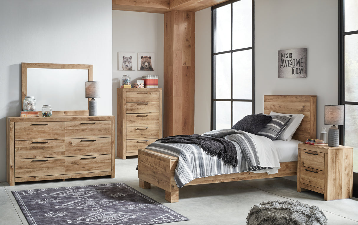 Hyanna Twin Panel Bed with Mirrored Dresser and 2 Nightstands in Tan Brown from Ashley - Luna Furniture