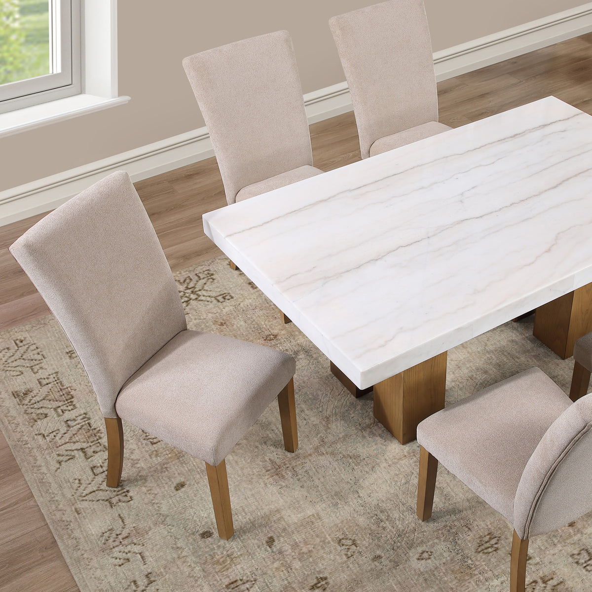 Artemis Beige/Black 7-Piece White Marble Dining Set with Beige Chenille Chairs from Steve Silver - Luna Furniture