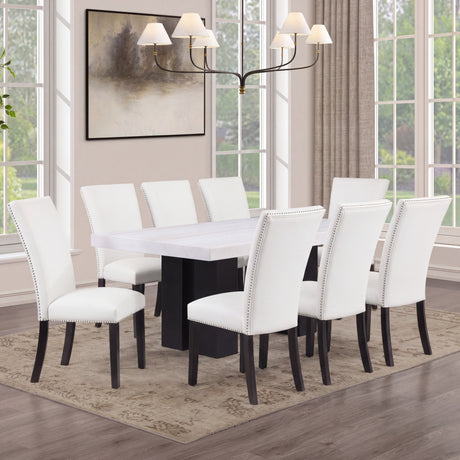Artemis White Rectangle Marble Top 9-Piece Dining Set with White Vegan Leather Chairs from Steve Silver - Luna Furniture